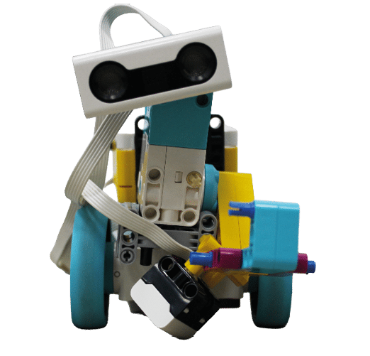 A robot with a white head and a blue body. Description generated by AI