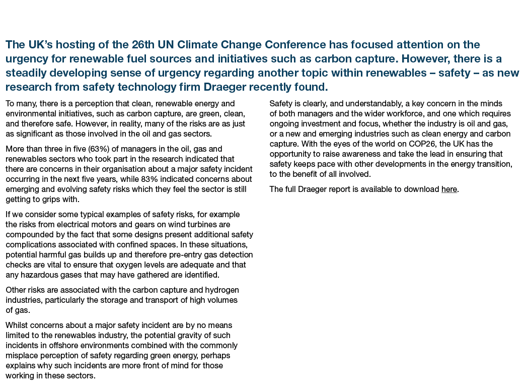 Draeger: Safety in the Renewables Sector The UK s hosting of the 26th UN Climate Change Conference has focused attent   