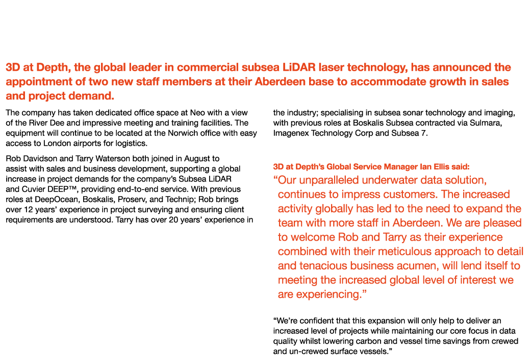 3D at Depth Announce Record Growth in First Half of 2022, Expand Aberdeen Base 3D at Depth, the global leader in comm   