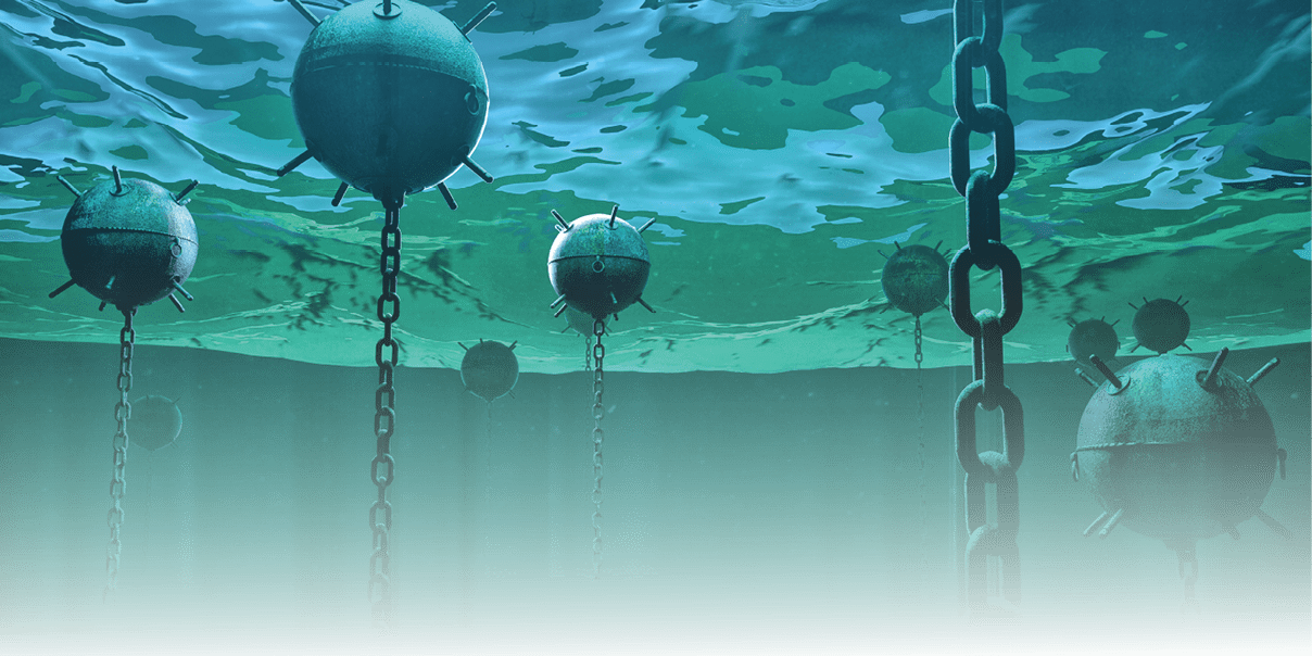 naval underwater mines bombs floating underwater in the ocean  hidden danger high risk concept 3d rendered illustration
