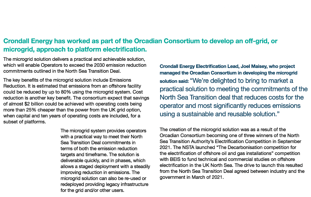 Crondall Energy Presents a New Approach to Platform Electrification Crondall Energy has worked as part of the Orcadia   