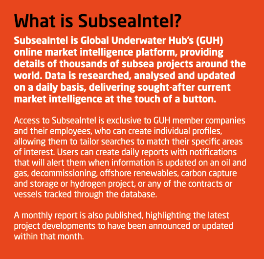 What is SubseaIntel  SubseaIntel is Global Underwater Hub s (GUH) online market intelligence platform, providing deta   