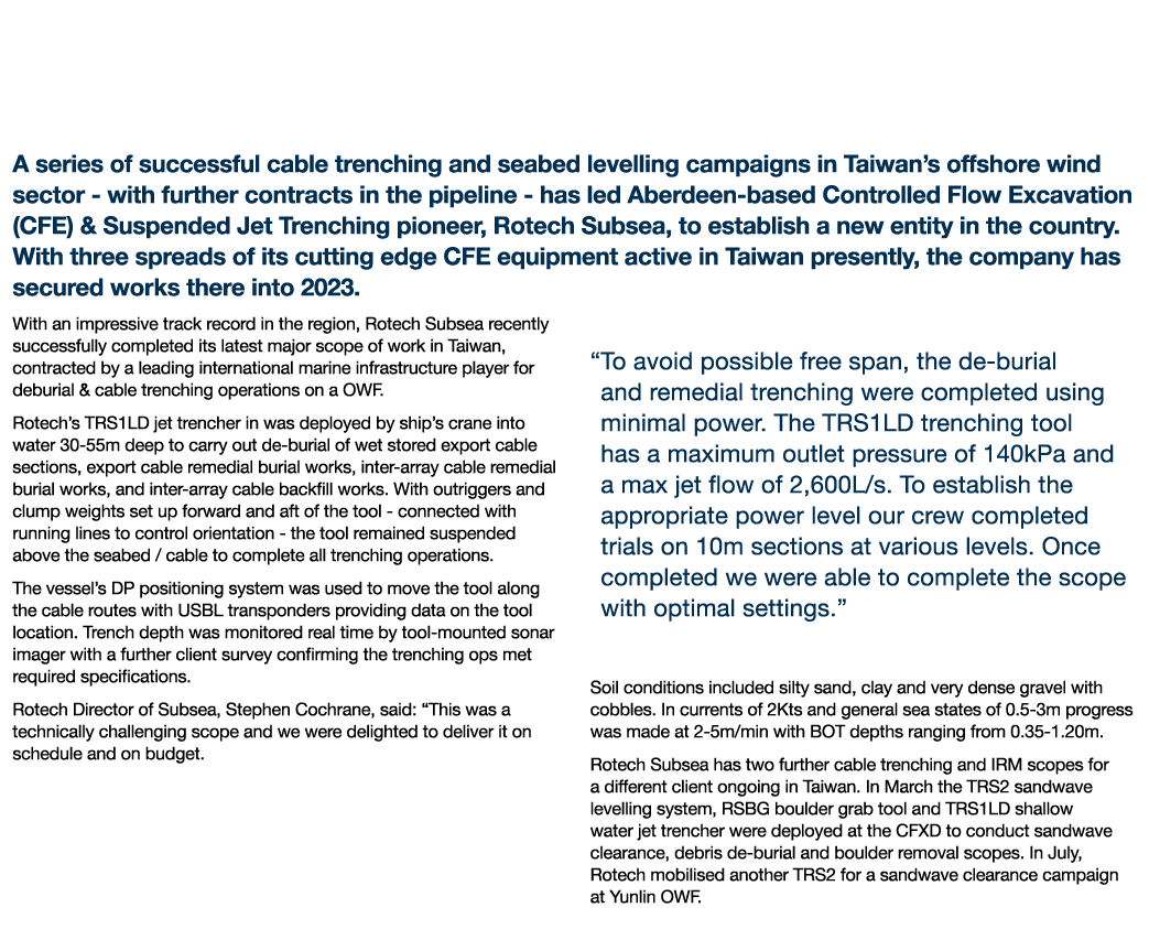 Rotech Subsea Sets up Taiwan Entity to Service Demand in Offshore Wind Sector A series of successful cable trenching    