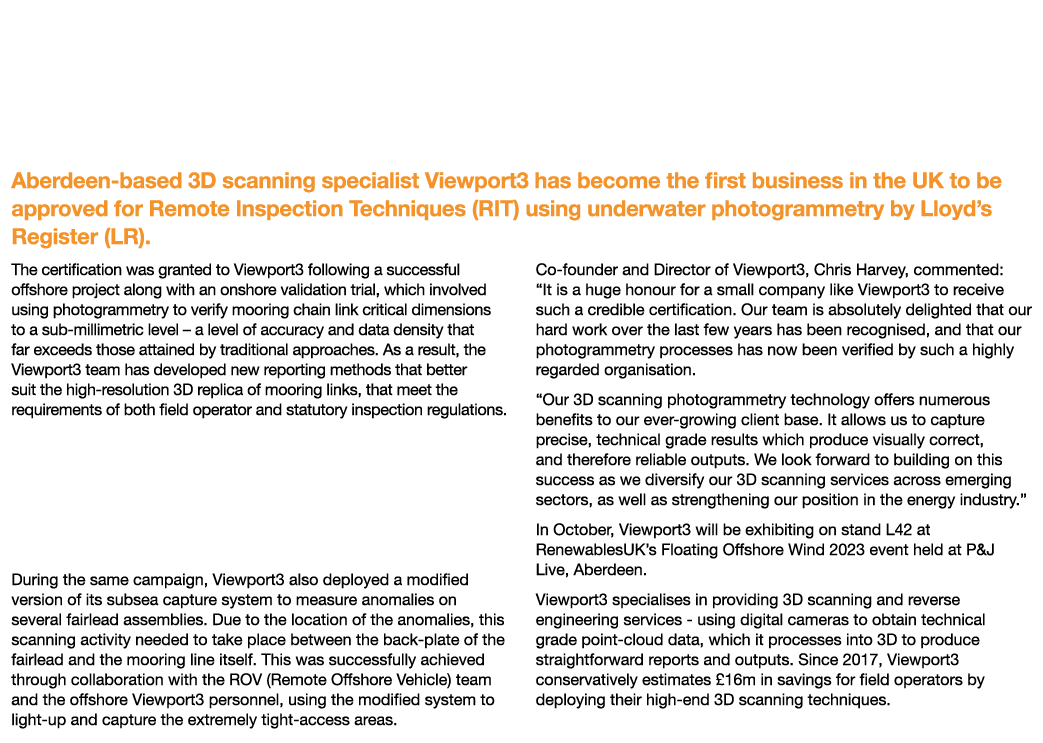 3D Scanning Firm Viewport3 Awarded UK First Approval for Remote Inspection Techniques Aberdeen-based 3D scanning spec...