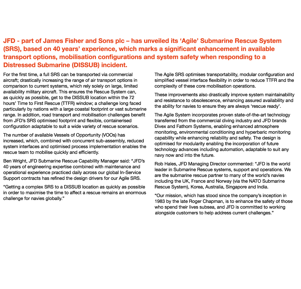 JFD Launches its Fourth Generation Submarine Rescue System ‘Agile’ JFD - part of James Fisher and Sons plc – has unve...