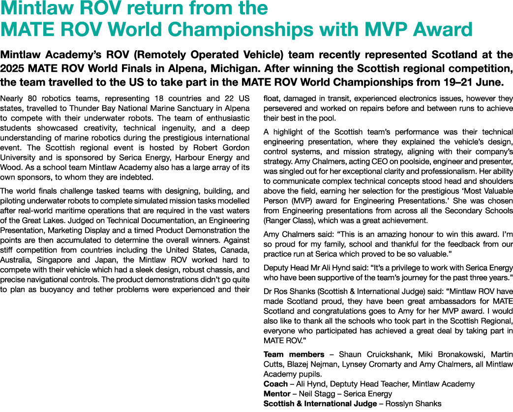 Mintlaw ROV return from the MATE ROV World Championships with MVP Award Mintlaw Academy’s ROV (Remotely Operated Vehi...