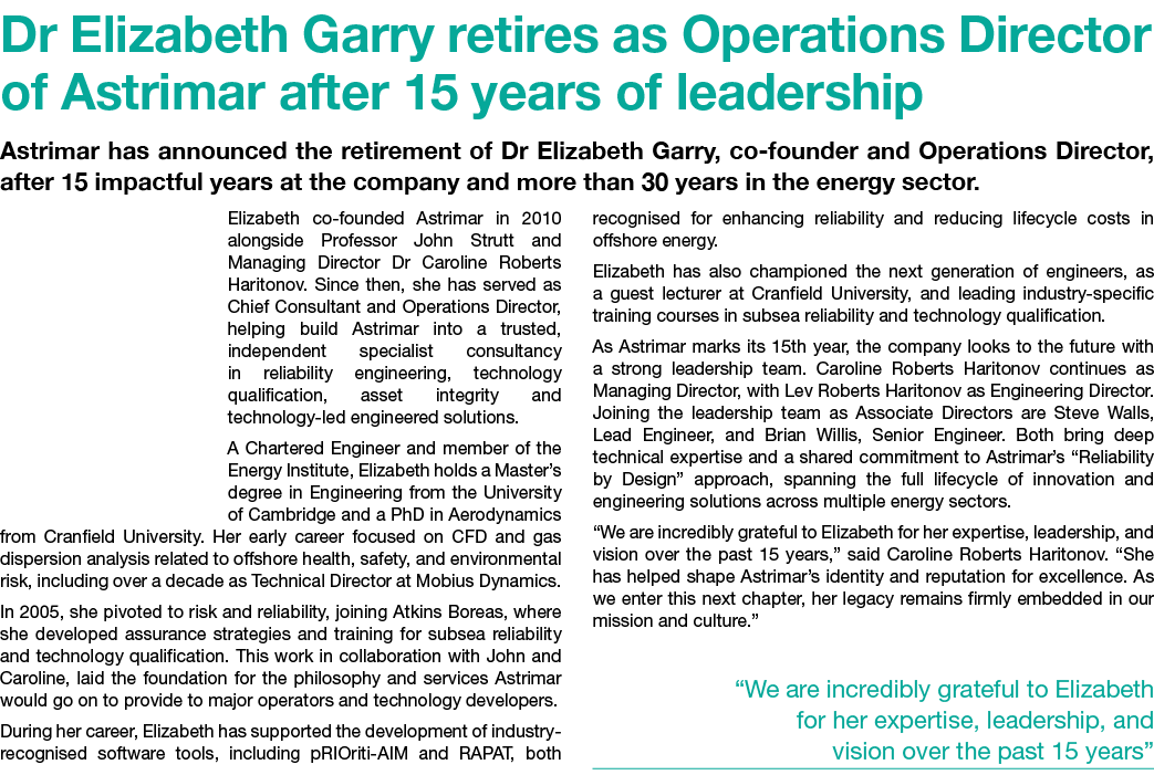 Dr Elizabeth Garry retires as Operations Director of Astrimar after 15 years of leadership Astrimar has announced the...